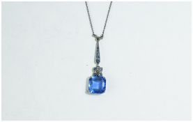 Attractive 1920's/1930's White Metal Set Marcasite and Blue Stone Pendant.