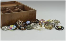 Wooden Jewellery Box containing a small quantity of costume brooches