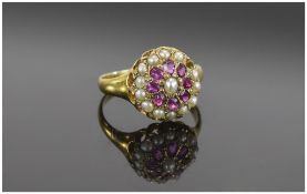 Victorian- Ladies 15ct Gold Ruby and Seed Pearl Ring. Hallmarked- 625 Birmingham 1871.