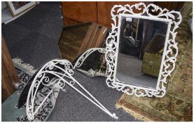 1950' Shaped Bevelled Wall Mirror. Together with a painted wrought iron mirror and console table.