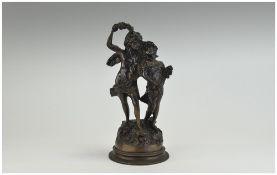 A 20th Century Bronze Figure of Young Female and Male, Standing on a Floral Decorated Rock Base.