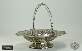 Victorian Very Fine Ornate Latice Work and Pierce Swing Handle Basked- Footed Bowl. Hallmark