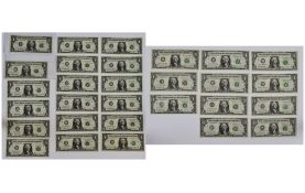 A Collection of U.S.A One Dollar Bills. In Mint/Uncirculated Condition. 29 Bank Notes in Total.