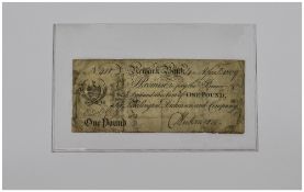 English Very Early One Pound Bank Note. Issued by Newark Bank April 1809.