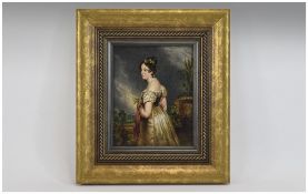 A Fine 19th Century Miniature/ Small Portrait of a English Noble Lady Overlooking a Garden Setting.