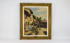 Raymond Goubert, French Born Oil on Board 'Villeneuve le Avignon'. Artists exhibition label verso.