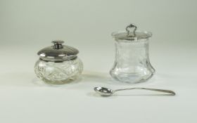 George V Silver Topped - Etched Glass Fruit Preserve Jar with Silver Fruit Spoon.