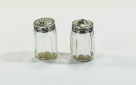 Antique Pair of Miniature Silver Topped Glass Salt and Pepper Pots.