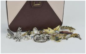 Vanity Case Style Jewellery Box in brown and peach, containing a small quantity of costume