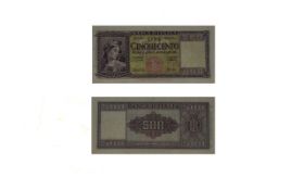Banco D'Italia 500 Lire, Date 1947 Bank Note - High Grade. Pre Fix B164, S.N. 098073. V.F - E.F.