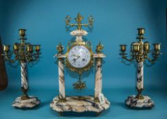 French Late 19th Century Marque Deposee Marble and Brass Clock Garniture Set with 8 Day Striking