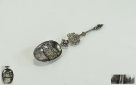 Antique Very Fine Armorial Crested Dutch Silver Figural Topped Serving Spoon date to spoon 1742.