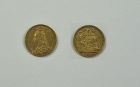 Vintage - Jubilee Head 22ct Gold Full Sovereign. Date 1889. Melbourne Mint, E.
