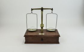 Antique C. Stevens and Son London Two Ounce Glass B Beam Scales, Mahogany Base with Drawer, It As H.