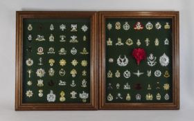 Military Cap Badges British Regiments - Over ( 80 ) In Total, Within Two Wood and Glass Frames.