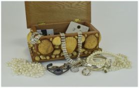 American Wooden and Applied Shell Jewellery Casket Containing Assorted Costume Jewellery.