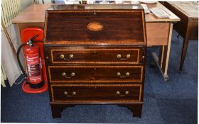Edwardian Mahogany Bureau, fall front with fitted interior above three graduating long drawers.