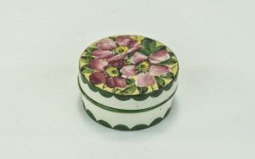 Wemyss Circular Lidded Wild Roses Decorated Pot, Signed to Underside. 1.75 Inches High, 3.