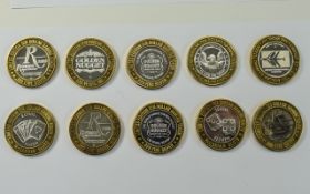 American Casinos Collection of Ltd Edition 10 Dollars Casino Gaming Chips / Tokens ( 10 ) In Total.