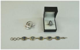 Silver Wedgwood and Marquesite Ring together with a silver flower brooch mounted with three pearls