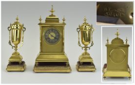 French Paris Three Piece Clock Garniture Set, Lacquered Brass Architectural Case Silvered Chapter