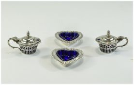 Edwardian Pair of Heart Shaped Silver Sweetmeat Dishes Complete with Blue Liners.