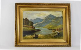 Landscape Oil on Board Depicting Highland Scene with loch and mountains in background. Unsigned