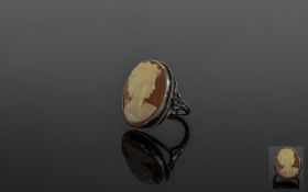 Silver Shell Cameo Ring, maiden facing right. ring size M.