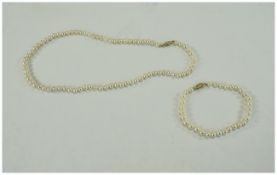 Cultured Pearl Single Strand Necklace, with matching bracelet. 9ct gold clasps.