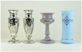 Four Pieces Of Glass, Comprising A Pair Of Silver Lustre Vases With Floral Decoration, Pink Glass