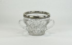 Dorflinger Glass Co of America Silver Banded / Rim Two Handled Cut Crystal Bowl of Nice Quality.