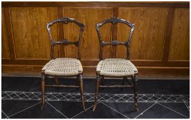Pair of Victorian Bedroom Chairs carved back rail, turned legs, Hessian seats.