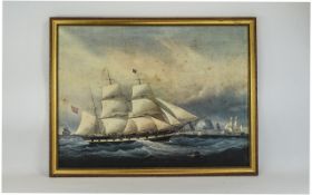 Framed Military Print 18th/19thC Sailing Ship 17 x 24 Inches, Gilt Frame