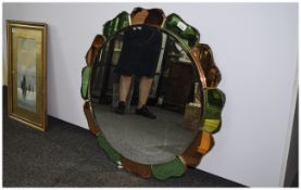 1950s Art Deco Style Circular Mirror; Coloured panels in gold tone and greens,