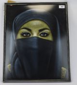Framed Picture On Felt, Depicting A Middle Eastern Veiled Lady. 19 x 16 Inches