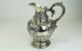 European Mid 19th Century Very Impressive Embossed Silver Jug. Highly Decorative To All Parts Of The
