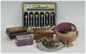 Basket of Miscellaneous Costume Jewellery etc. including a Sorrento inlaid musical box, a set of 6