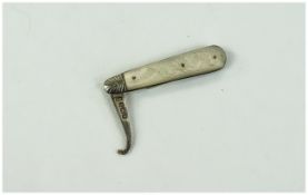 Silver Mother of Pearl Boot Hook probably adapted from fruit knife. Hallmarked for Sheffield 1900.