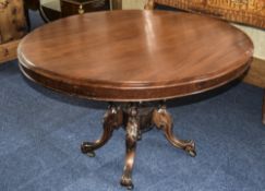 Victorian Mahogany Hall/Breakfast Table Circular Top Raised On Turned Quatrefoil Base, Cabriole Legs