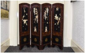Oriental Style Four Panel Screen Applied Floral & bird Decoration, Each Panel 35 x 11 Inches