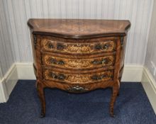 A Louis XV Style Kingwood and Ormolu Mounted Serpentine Front Bombe Commode, Inlaid with Marquerty