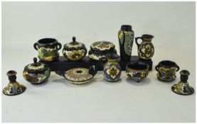 Mixed Lot Of Gouda Pottery Comprising Vases, Bowl And Cover, Candle Holders etc 12 Pieces Some A/F