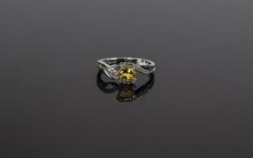 9ct White Gold Diamond Dress Ring central Citrine between two rows of round cut diamonds,