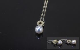 Silver Earring and Pendant Set cz mounts with pearl dropper