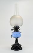 A Good Quality Victorian Table Oil Lamp With Original Glass Shade And Enamelled Opaline Blue Glass