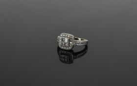 14ct White Gold Diamond Cluster Ring Four Central Princess Cut Diamonds Surrounded By Round Modern