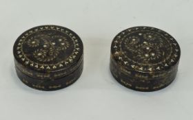 A Fine Pair of Late 18th Century Tortoiseshell Circular Screw Top Lidded Boxes,