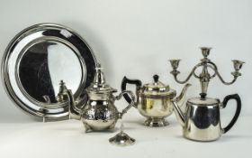 Collection of Silver Plated Ware including teapots, tray and candleabra.
