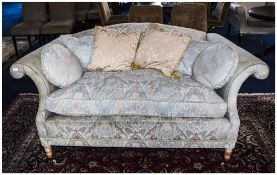 Pair Of Modern Upholstered Two Seater Sofas, Short Turned Legs On Castors. Approx 70 x 40 Inches,