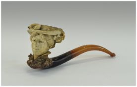 Meerschaum and Amber Pipe, the bowl carved with the detailed head of a lady,